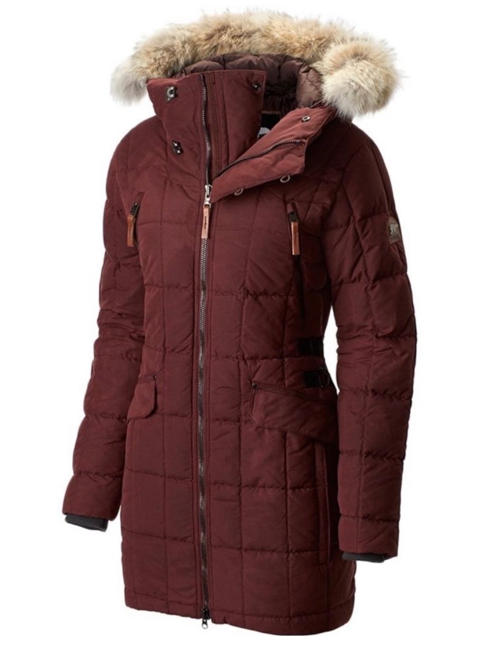Sorel Parka Conquest Carly Burgundy Down Jacket Fur Hood EUC Size XS